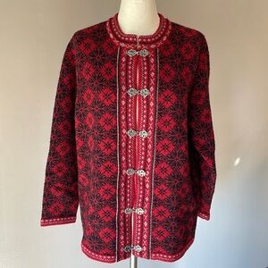 VINTAGE Frost 100% wool nordic cardigan sweater jacket metal fancy hooks red blk